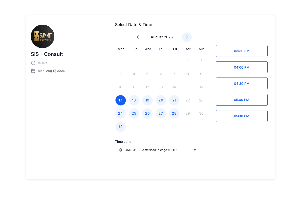 The real SIS booking calendar: a 15-minute consult slot picker with available times
