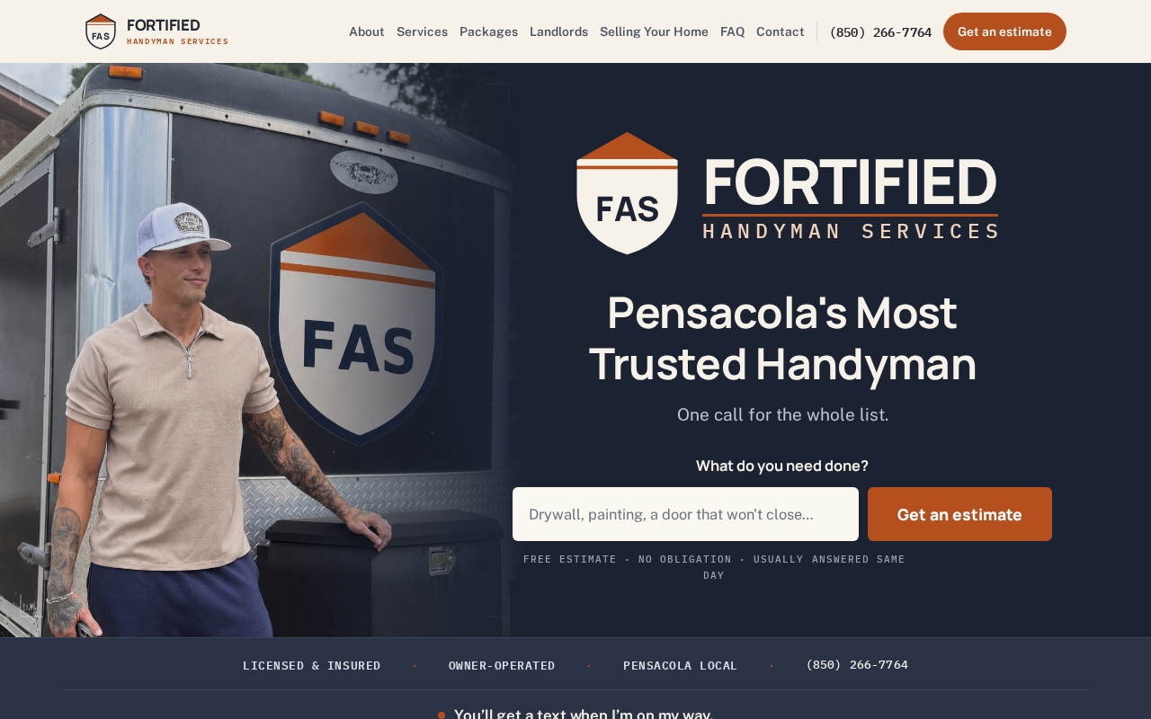 The live fortified-assets.com homepage: Fortified Handyman Services, Pensacola's Most Trusted Handyman, with an estimate form above the fold
