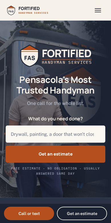 The live fortified-assets.com homepage on a phone: Fortified Handyman Services with tap-to-call and the estimate form