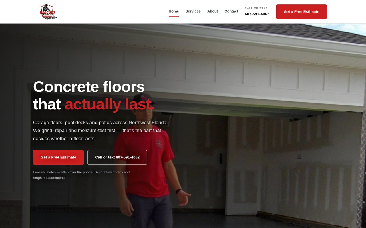 The live Rescue 1 Epoxy homepage: Concrete floors that actually last, with a free-estimate button and tap-to-call number